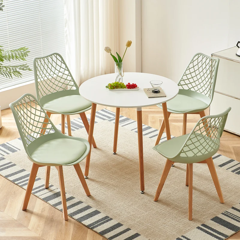 Chaises de salle à manger modernes LEYDEN avec dossier ajouré, pieds en hêtre, lot de 2/4, Bleu Gris Clair/Vert Glace