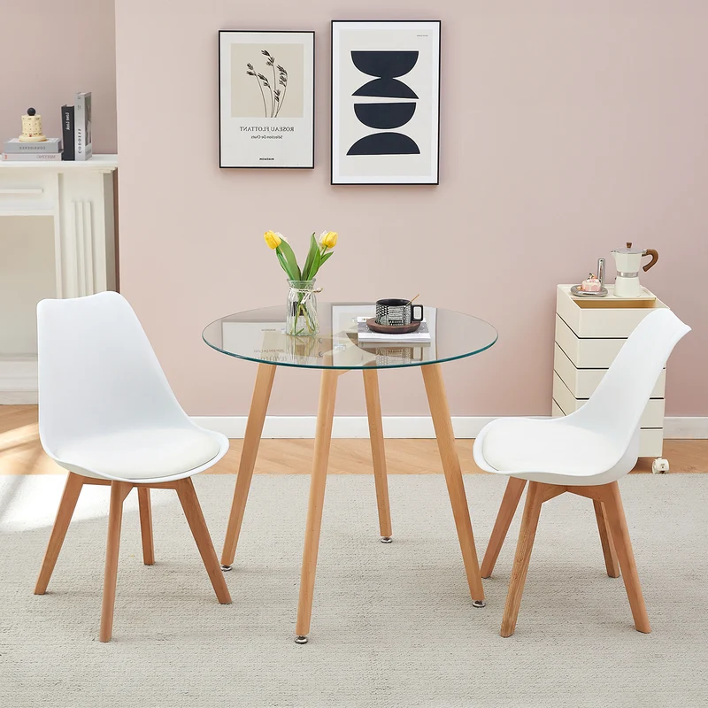 Tables de salle à manger rondes en verre 80 cm avec pieds en hêtre - COVE
