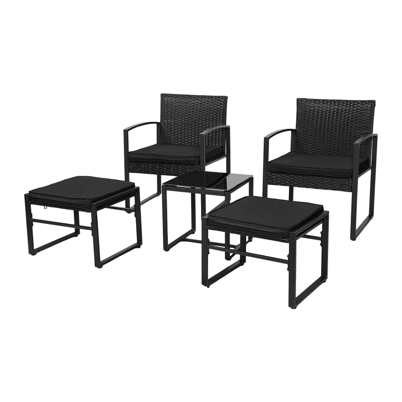 Ensemble de mobilier de jardin en rotin 5 pièces, 2 fauteuils + 2 repose-pieds + 1 table - Noir