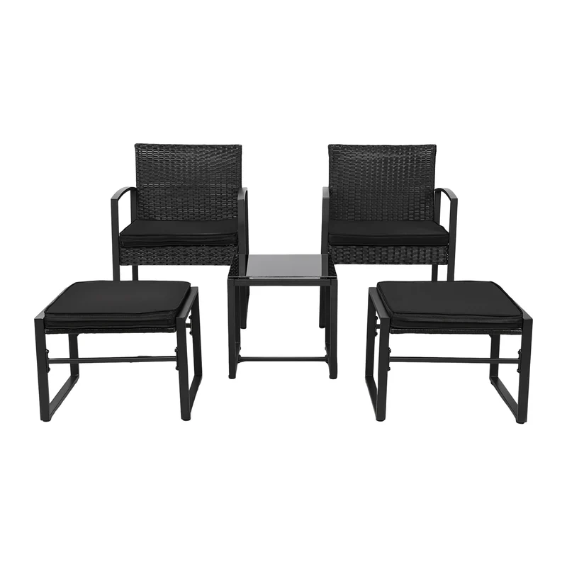 Ensemble de mobilier de jardin en rotin 5 pièces, 2 fauteuils + 2 repose-pieds + 1 table - Noir