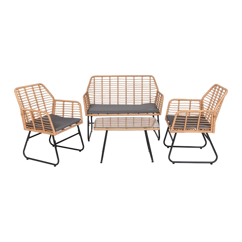 Ensemble de jardin 4 pièces en plastique tressé - Coussins gris - 1 canapé, 2 fauteuils, 1 table basse