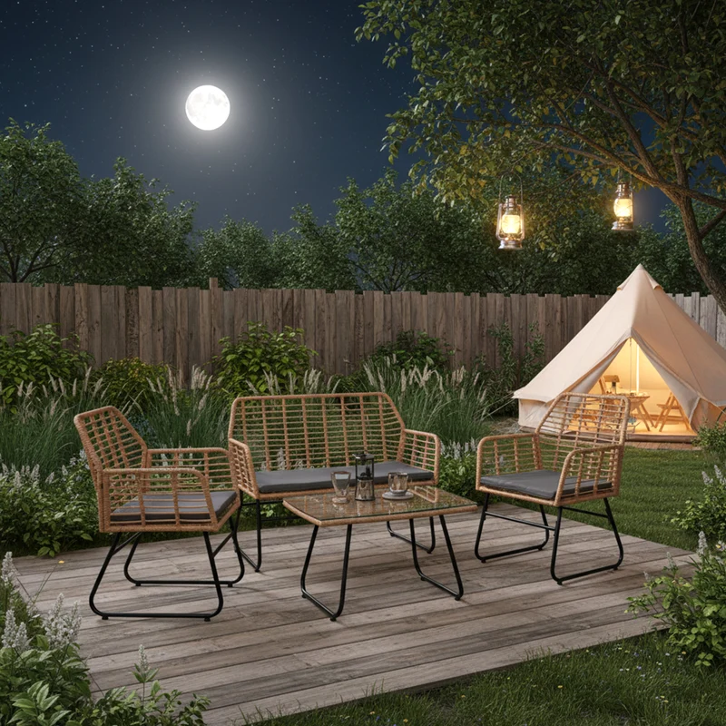 Ensemble de jardin 4 pièces en plastique tressé - Coussins gris - 1 canapé, 2 fauteuils, 1 table basse