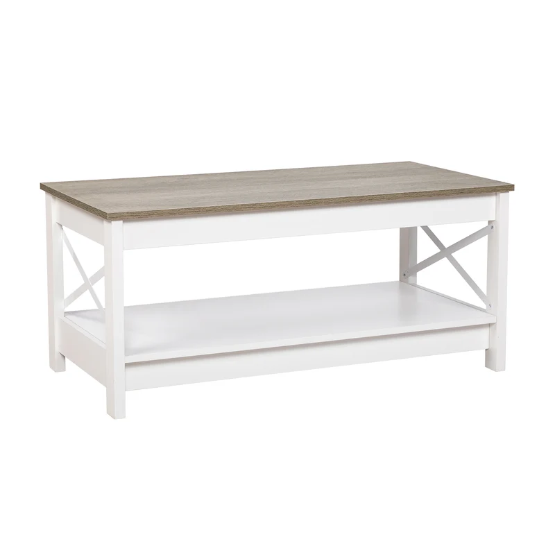 Table basse de style campagnard à deux niveaux avec rangement, table de salon – Blanche