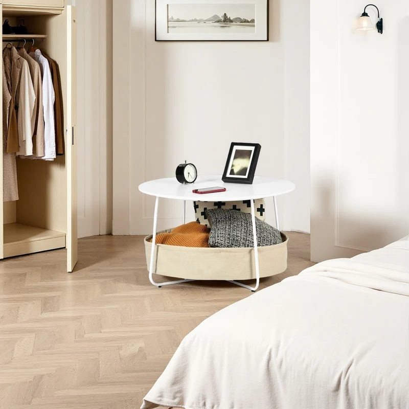Table basse ronde moderne avec panier de rangement DOYLE - Blanche