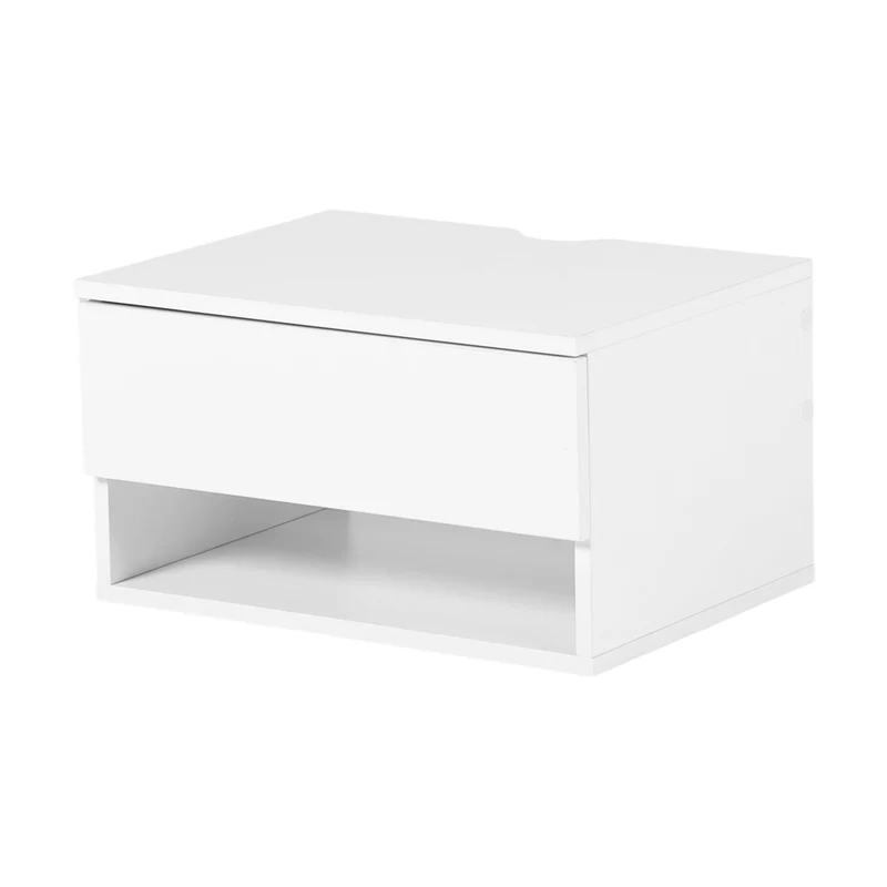 Ensemble de deux tables de chevet murales avec tiroirs et étagères, Blanc et Grain Flammé