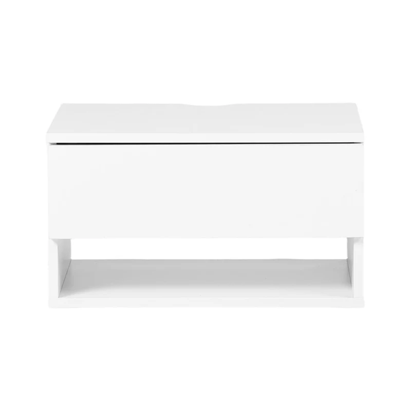 Ensemble de deux tables de chevet murales avec tiroirs et étagères, Blanc et Grain Flammé