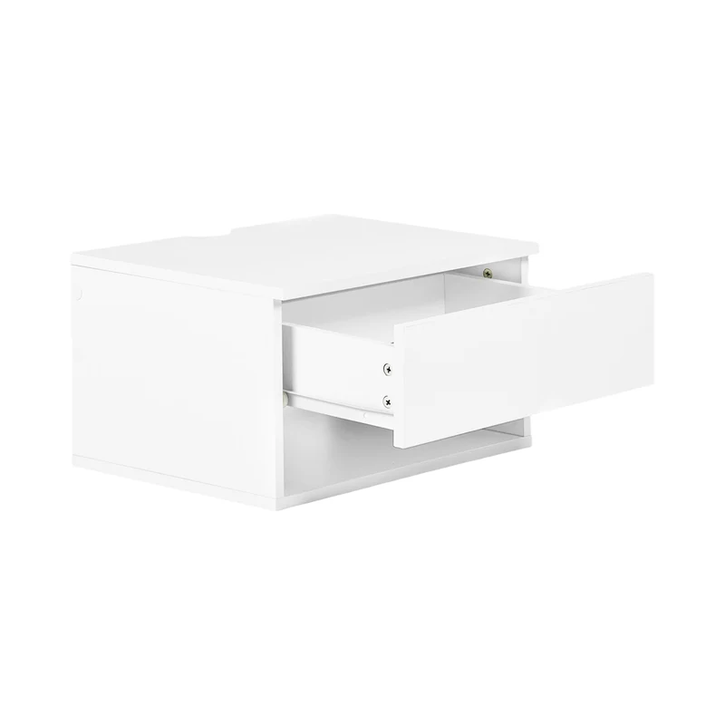 Ensemble de deux tables de chevet murales avec tiroirs et étagères, Blanc et Grain Flammé