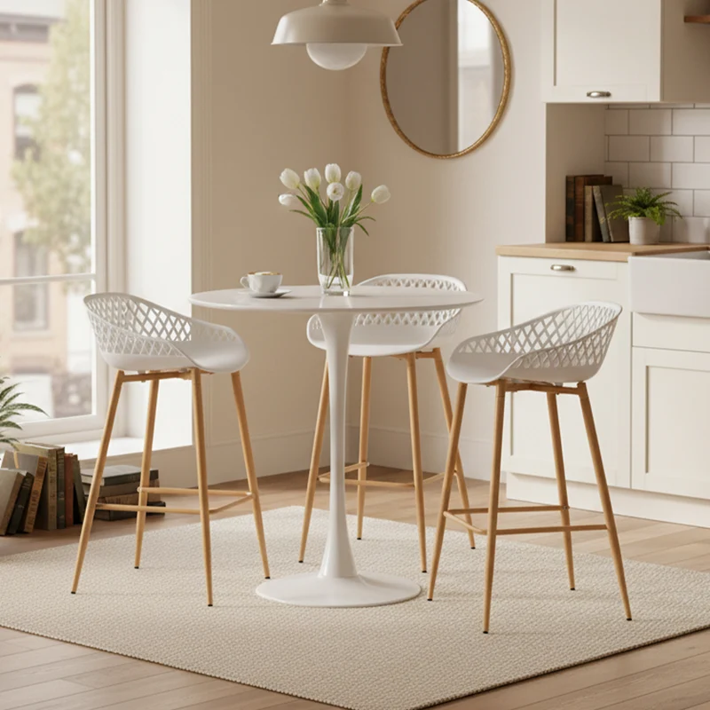 Tabourets de bar Modernes en Fer Forgé, hauteur 87 cm, Dossier Ajouré, lot de 4 - Noir/Blanc