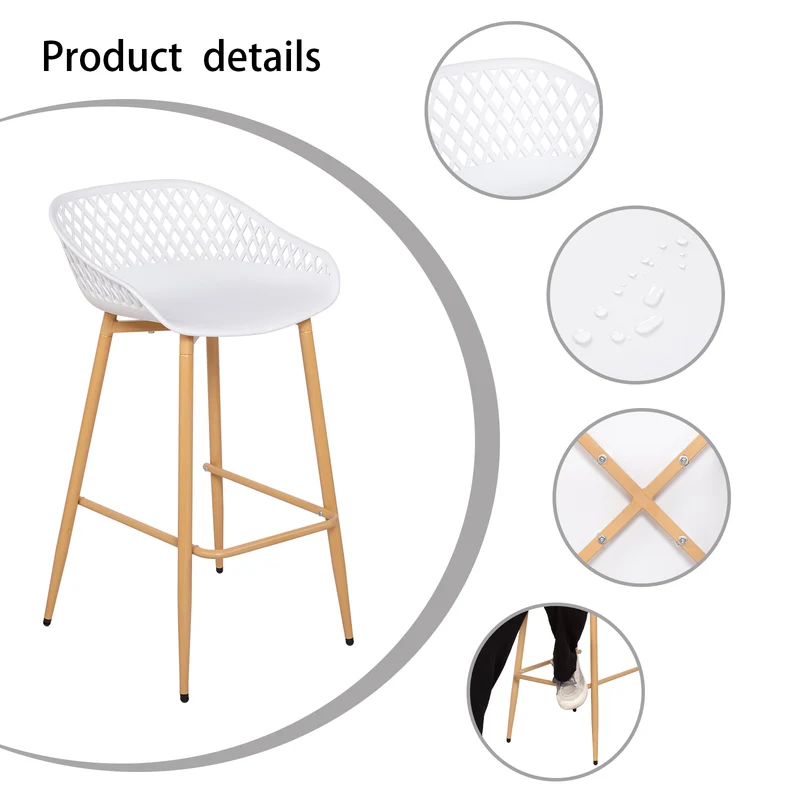 Tabourets de bar Modernes en Fer Forgé, hauteur 87 cm, Dossier Ajouré, lot de 4 - Noir/Blanc