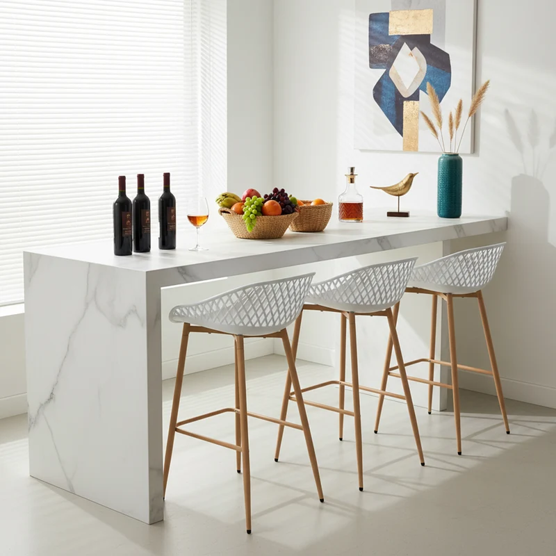 Tabourets de bar Modernes en Fer Forgé, hauteur 87 cm, Dossier Ajouré, lot de 4 - Noir/Blanc
