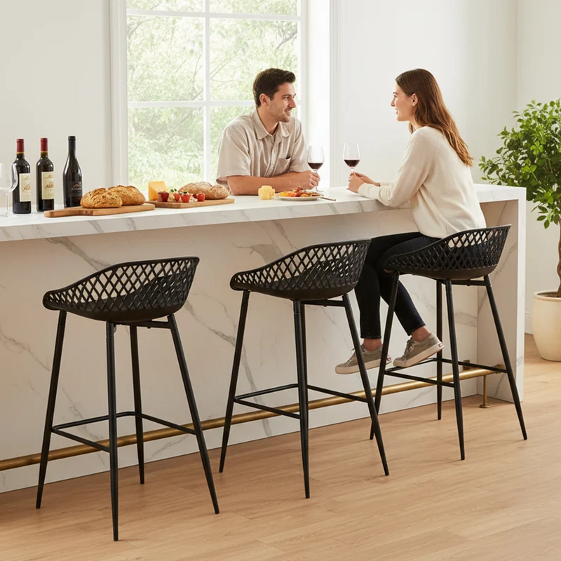 Tabourets de bar Modernes en Fer Forgé, hauteur 87 cm, Dossier Ajouré, lot de 4 - Noir/Blanc