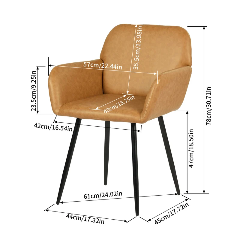 Chaise de salle à manger large avec accoudoirs en similicuir et pieds en fer (lot de 1/2) - Marron