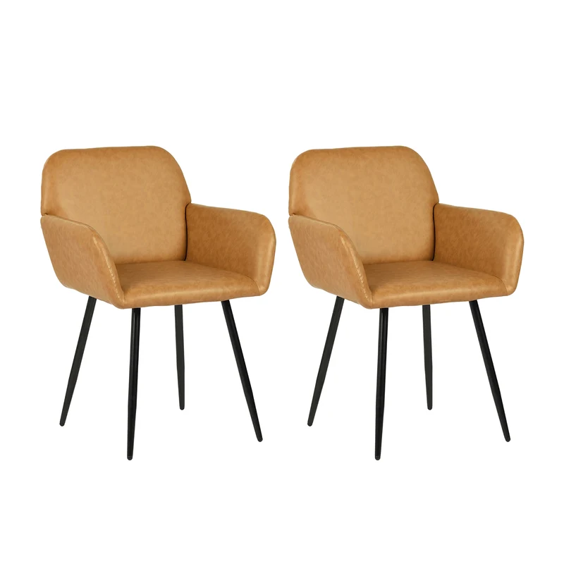 Chaise de salle à manger large avec accoudoirs en similicuir et pieds en fer (lot de 1/2) - Marron