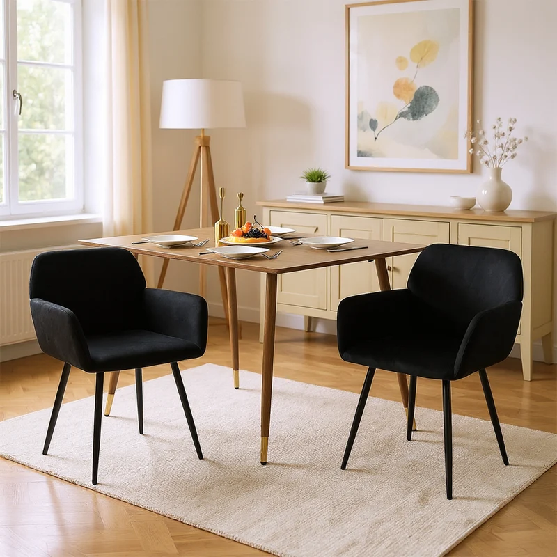 Chaise de salle à manger large avec accoudoirs en velours noir/gris foncé - KAMEY