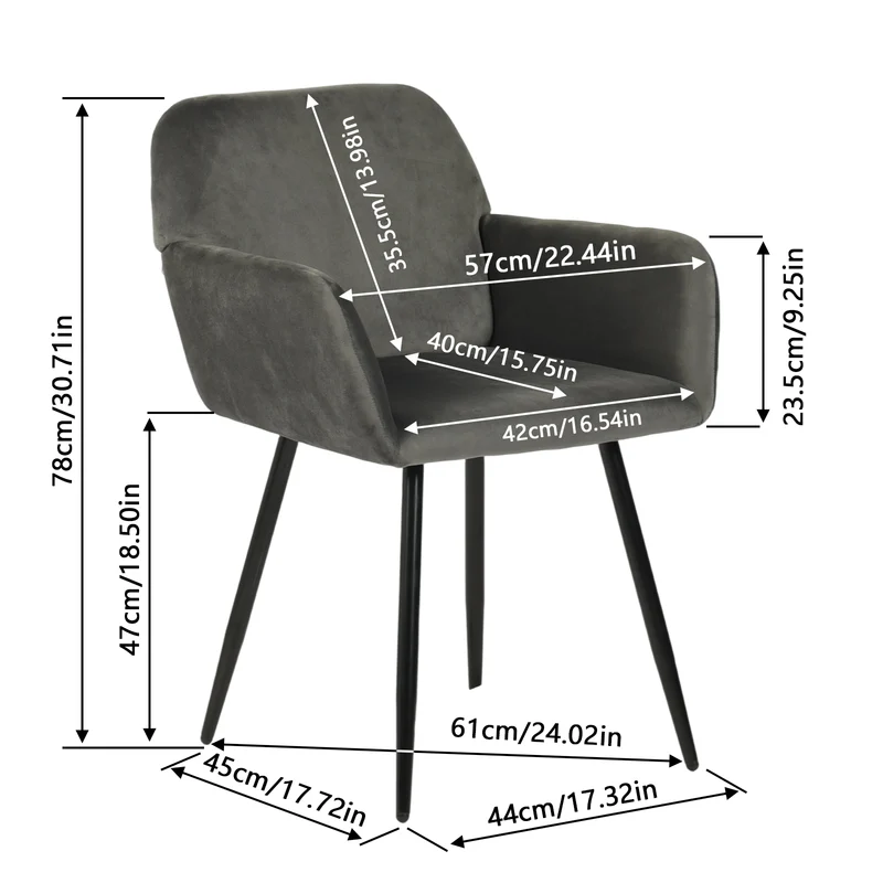 Chaise de salle à manger large avec accoudoirs en velours noir/gris foncé - KAMEY