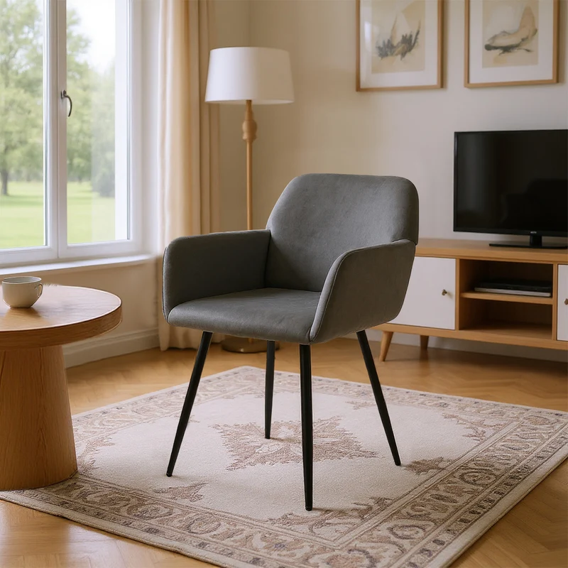 Chaise de salle à manger large avec accoudoirs en velours noir/gris foncé - KAMEY