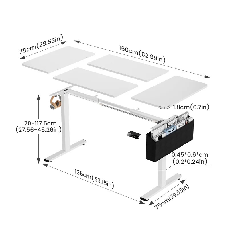 Bureau électrique Réglable en Hauteur 160 x 75 cm, Blanc-DUMONT