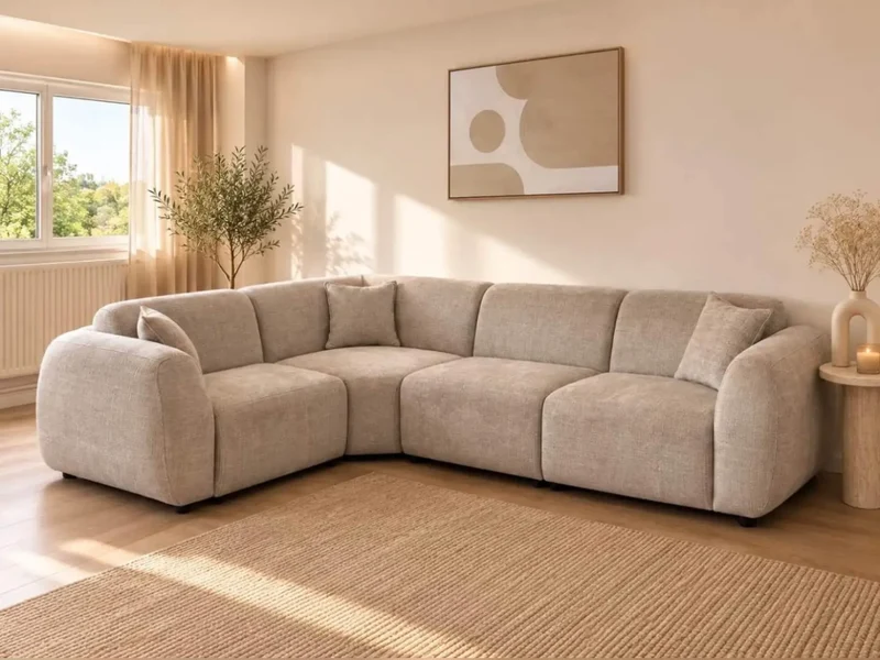 Canapé d’Angle Elisa – Tissu Marbella Beige – Design Contemporain
