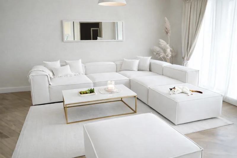 Canapé Modulable 4+1 Pouf en Velours Blanc Anti-Tâche – Design Contemporain & Confort Luxueux