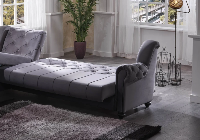 Canapé méridienne velours gris capitonné – MEVA
