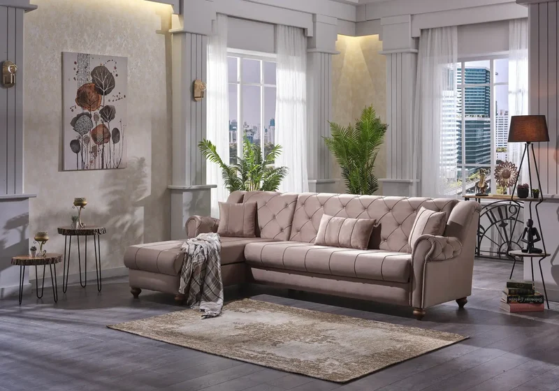 Canapé méridienne capitonné velours taupe – MEVA