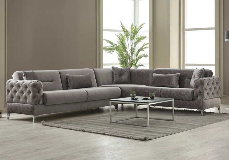 Canapé d’angle capitonné velours gris – Bosna