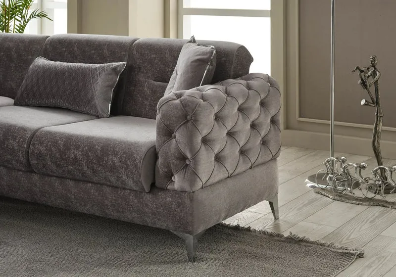Canapé d’angle capitonné velours gris – Bosna