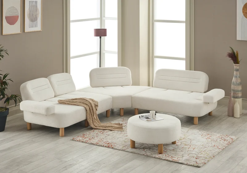 Canapé d’angle modulable bouclé blanc – ANGEL