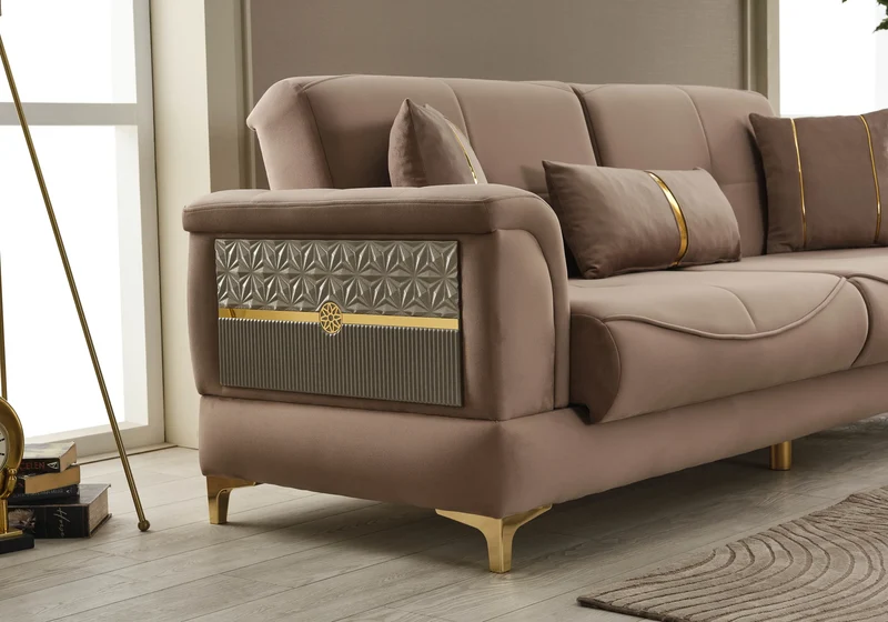 Canapé convertible design taupe et doré - LISA