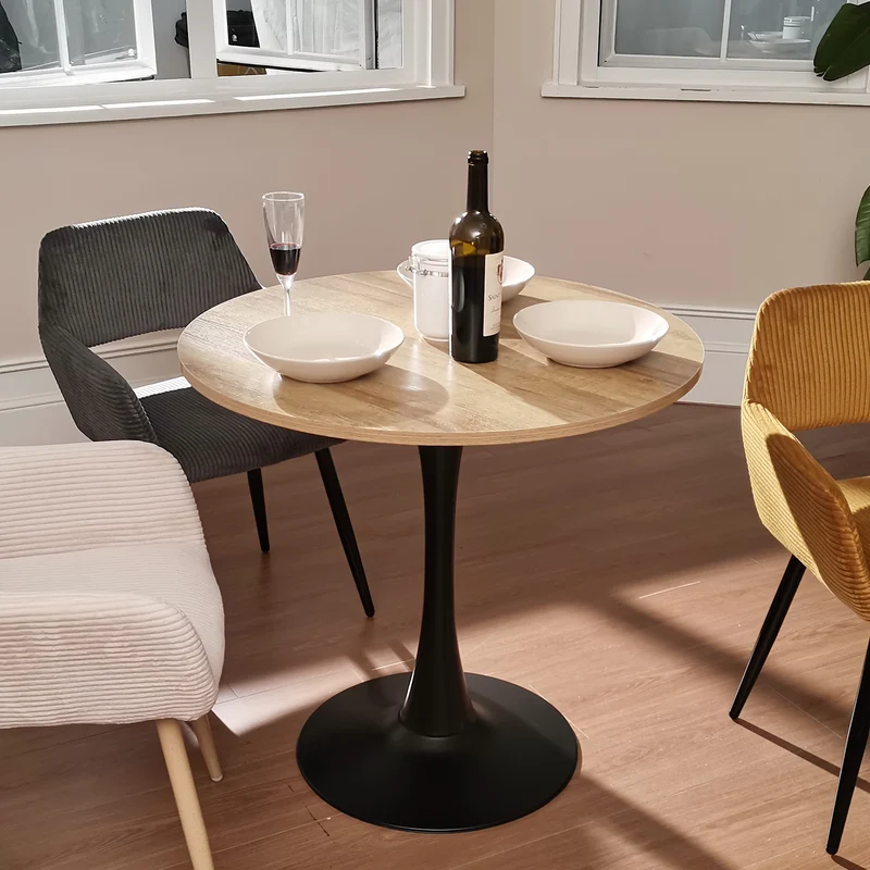 Table salle à manger ronde vintage 2-4 personnes en chêne et métal noir - CLIFT