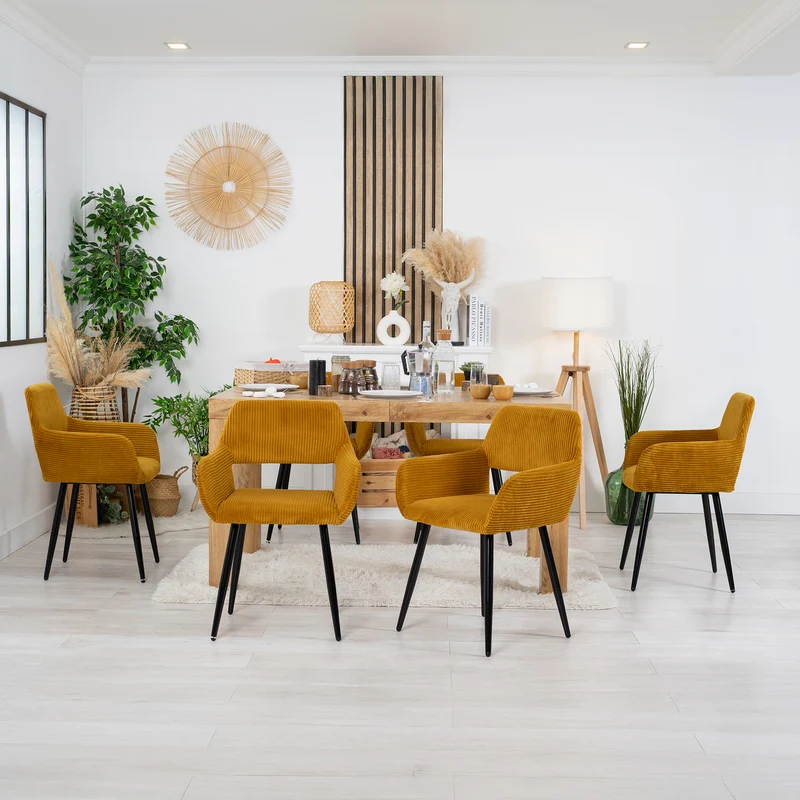 Lot de 6 fauteuils de salle à manger scandinaves avec accoudoirs en velours côtelé jaune safran - CROMWELL CORDUROY