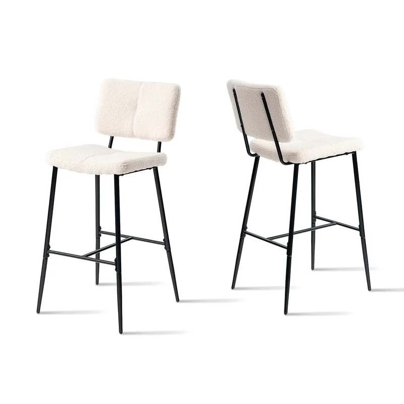 Lot de 2 tabourets de bar scandinaves avec dossier en tissu mouton bouclette beige - POMONA BAR