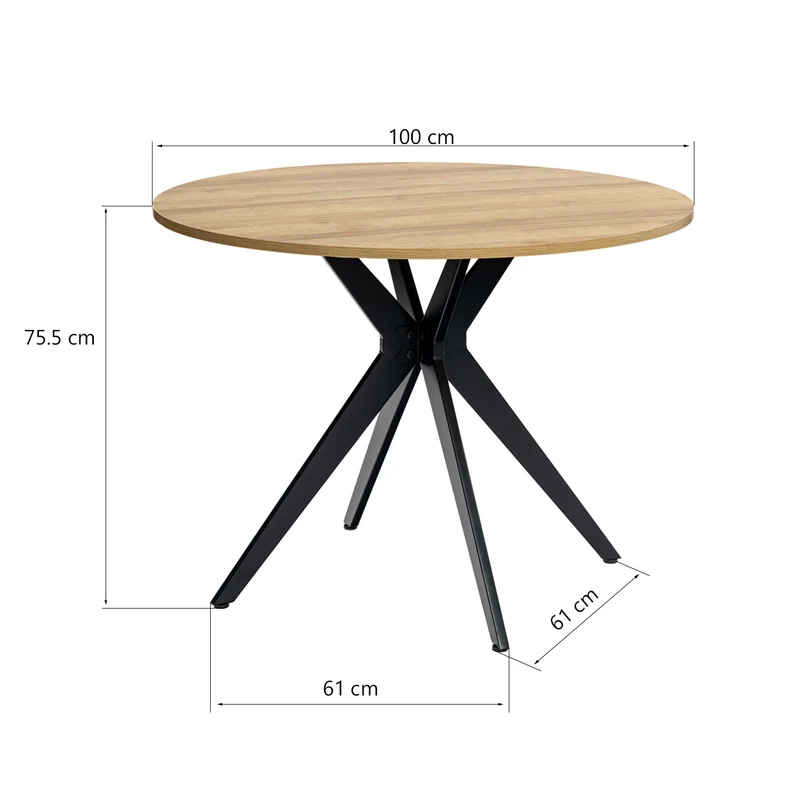 Table salle à manger ronde vintage 4 personnes en chêne et métal noir - CLIFT