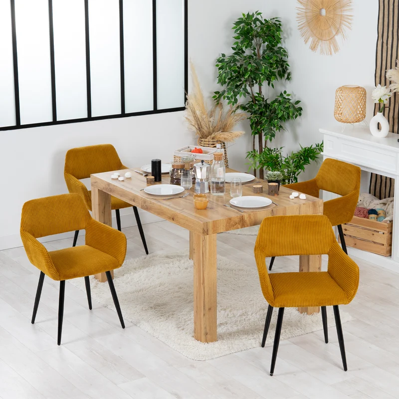 Lot de 2 fauteuils de salle à manger scandinaves avec accoudoirs en velours côtelé jaune safran - CROMWELL CORDUROY
