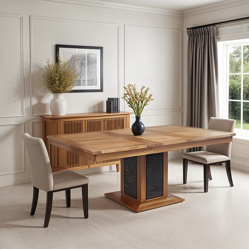 Table à manger carrée bois sculpté bicolore 130 | Acacia Maya