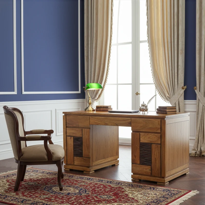 Bureau bois sculpté bicolore 2P 2T | Acacia Maya