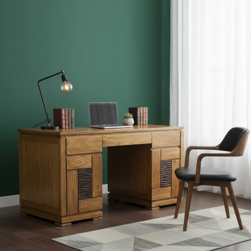 Bureau bois sculpté bicolore 2P 2T | Acacia Maya