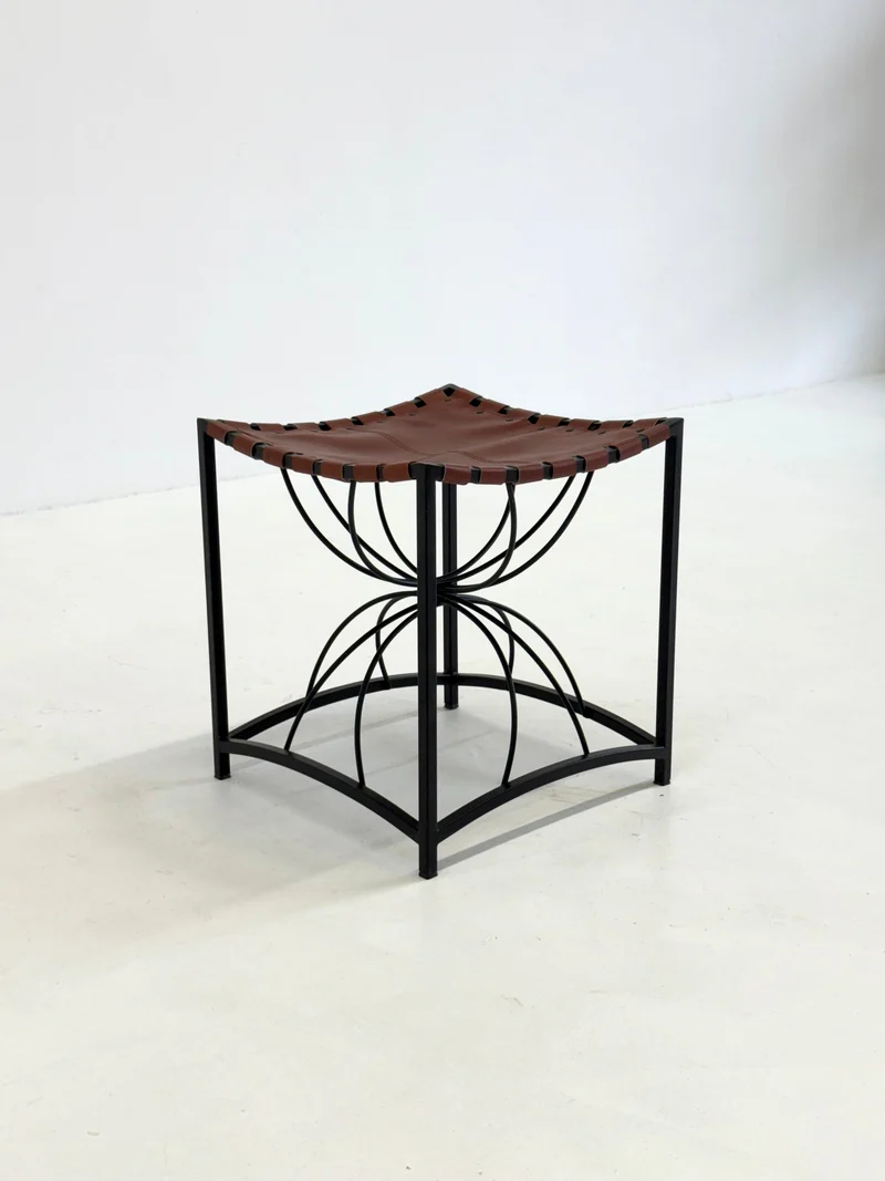 Elegant vintage French stool with black metal and brown leather