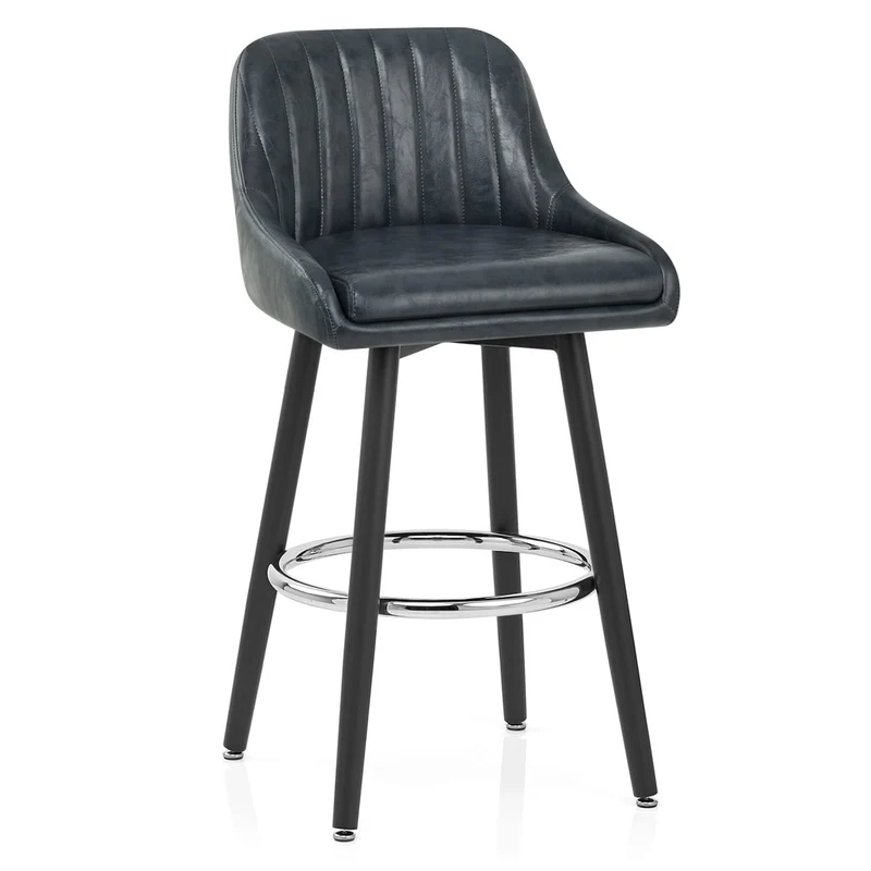 Chaise de Bar Bois Faux Cuir Antique - Hamilton Bleu Foncé