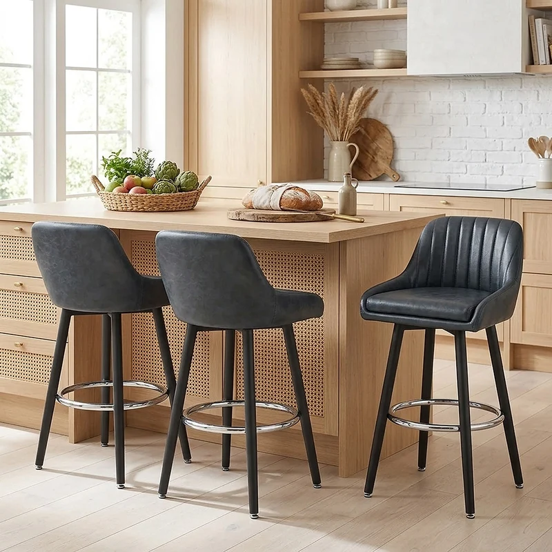 Chaise de Bar Bois Faux Cuir Antique - Hamilton Bleu Foncé