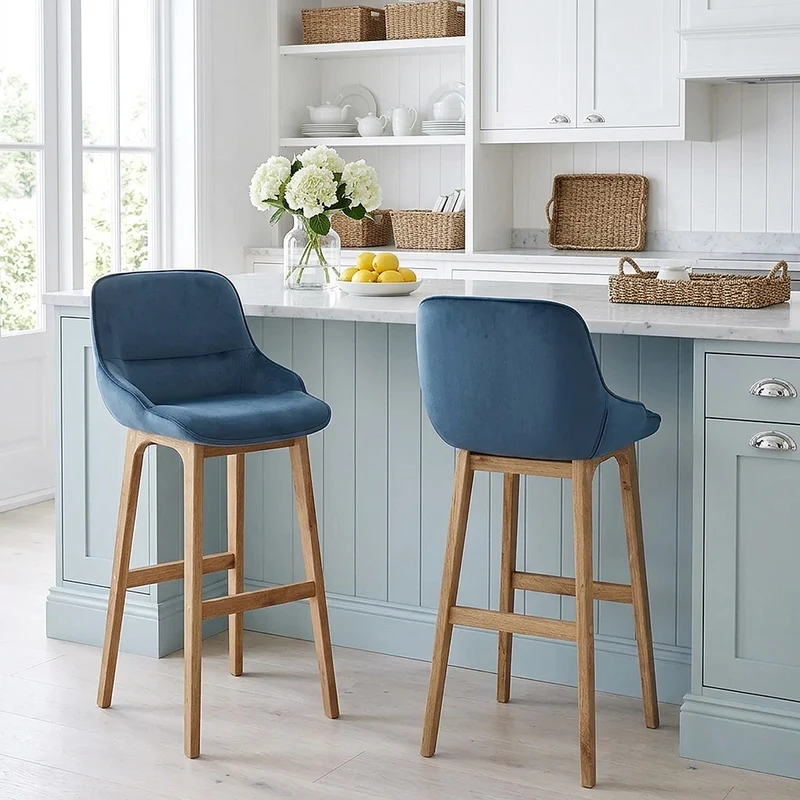 Chaise de Bar Bois Velours - Miami Bleu