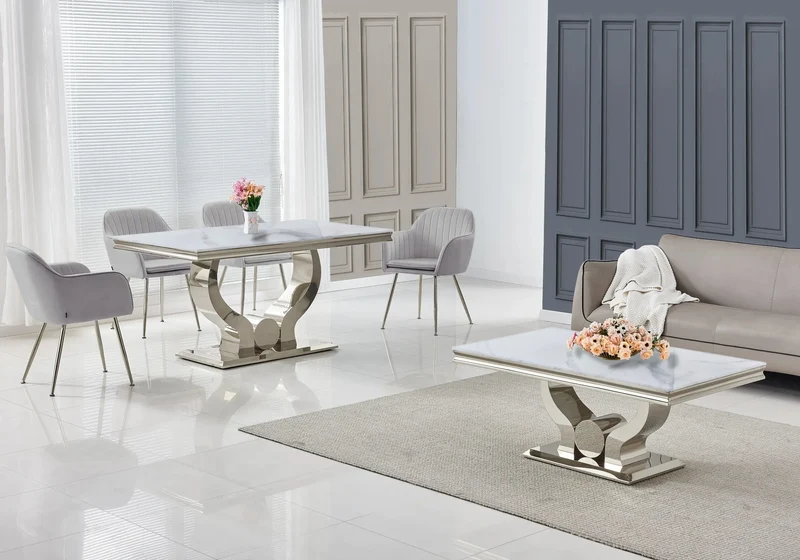 Ensemble table marbre blanc et chaises argent – Omega