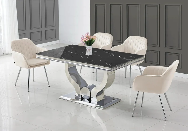 Ensemble table marbre noir et chaises argent – Omega