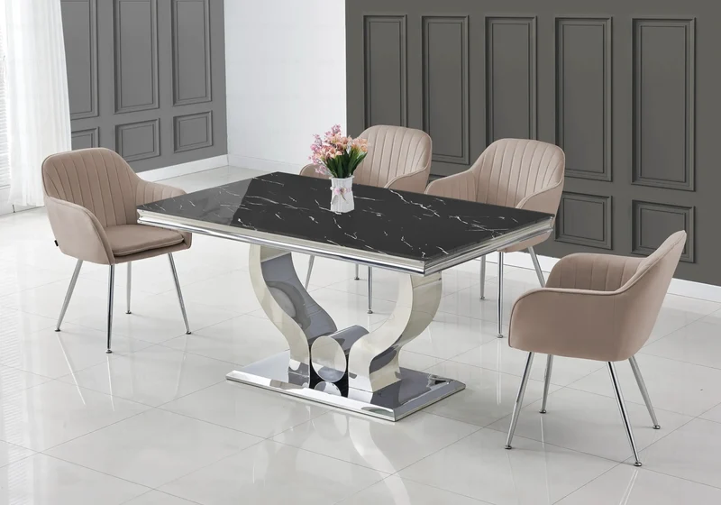 Ensemble table marbre noir et chaises argent – Omega