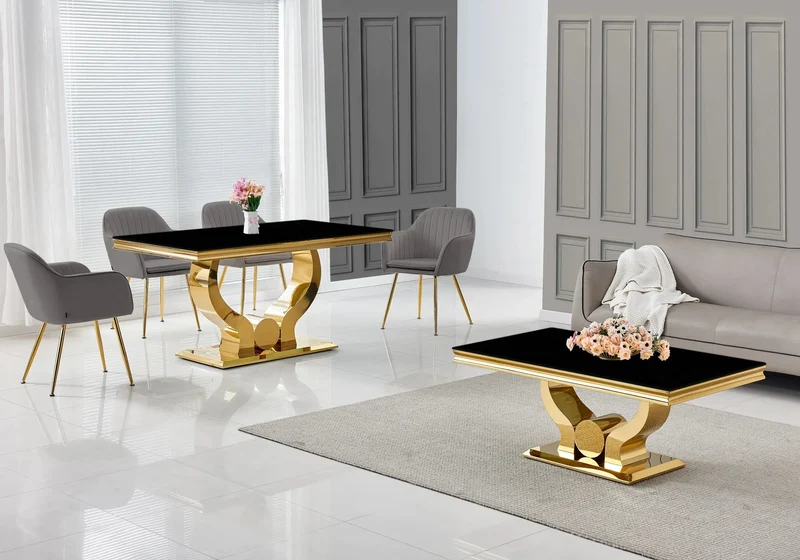 Ensemble table verre noir et chaises dorés – Omega