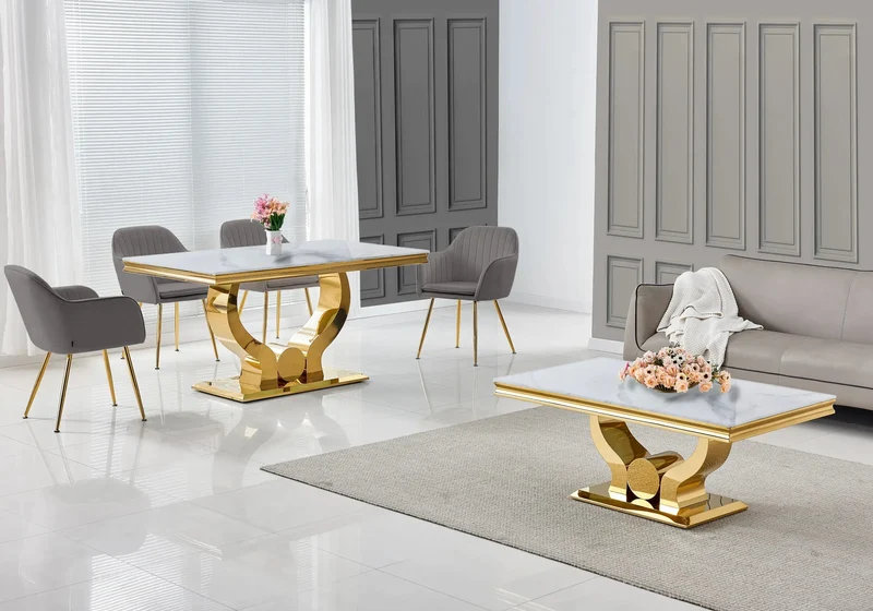 Ensemble table marbre blanc et chaises dorés – Omega