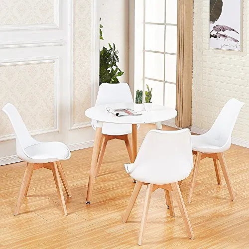 PEA Table à Manger Ronde en MDF avec 3 Pieds en Hêtre 80 * 80 * 72 cm - Blanc
