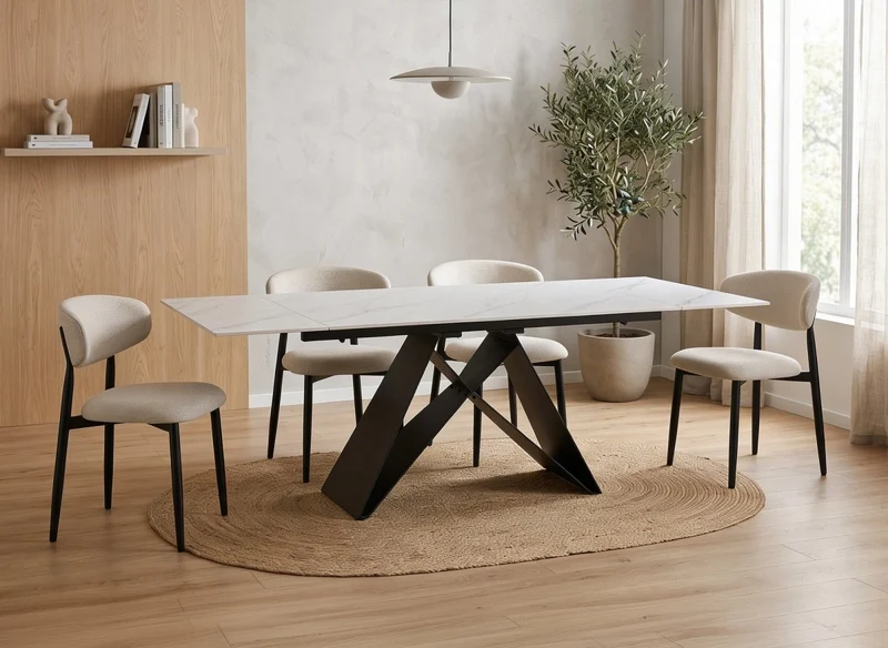 Table à manger extensible en métal noir avec plateau en céramique blanc 160-240 cm HELSINKI