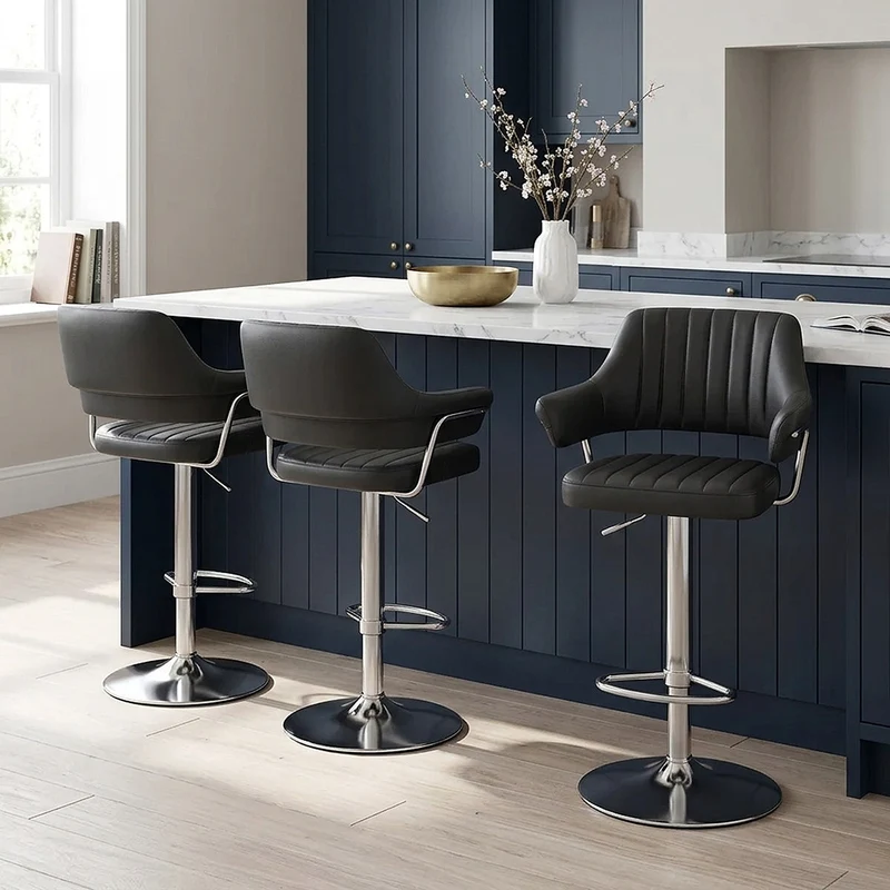 Chaise de Bar Chrome Brossé Faux Cuir - Skyline Noir