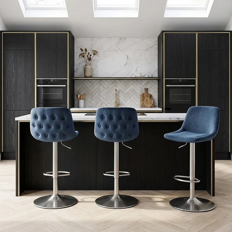 Chaise de Bar Chrome Brossé Velours - Scoop Bleu